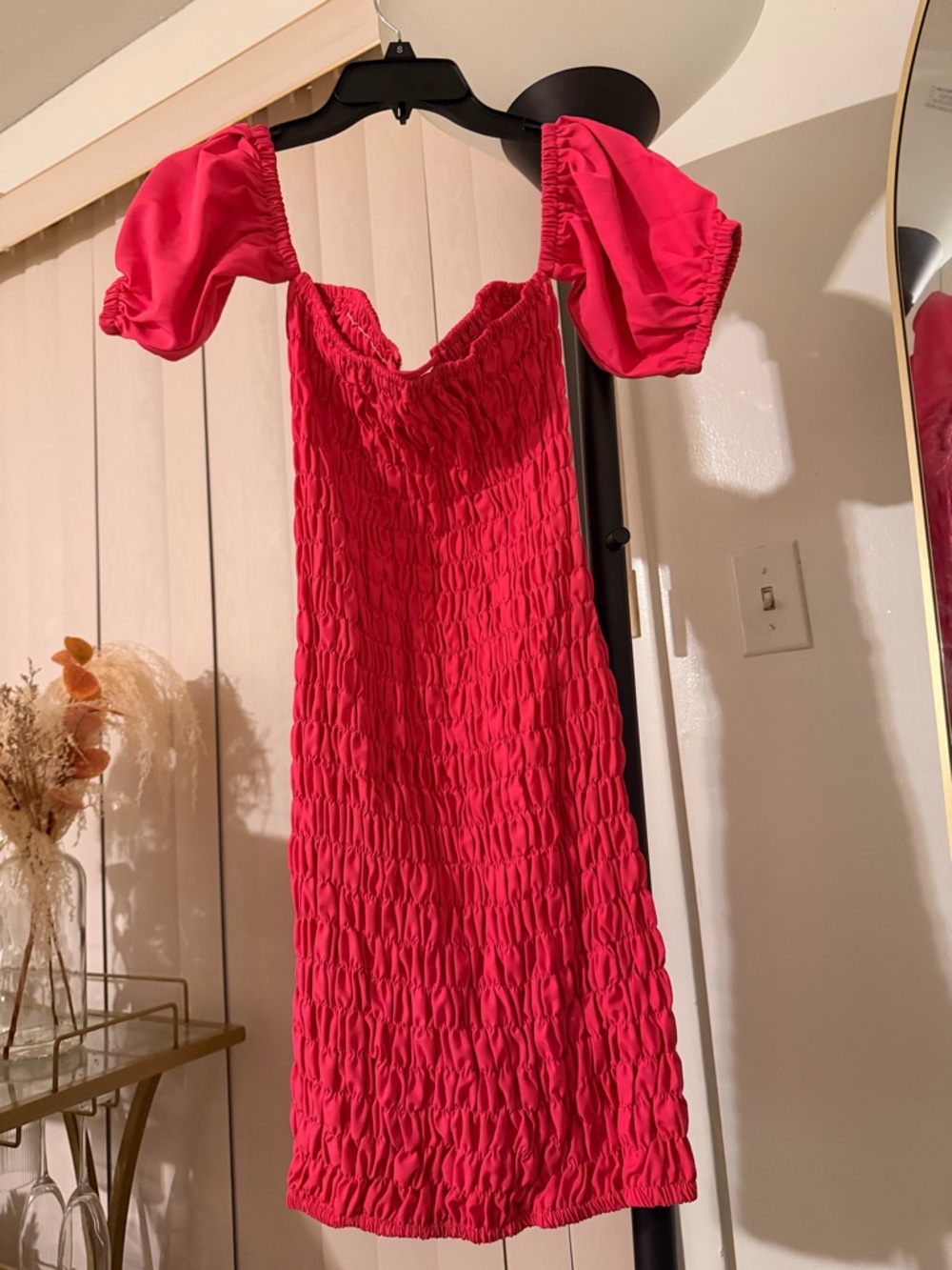 Women's Pink Puff Sleeve Shirred Dress